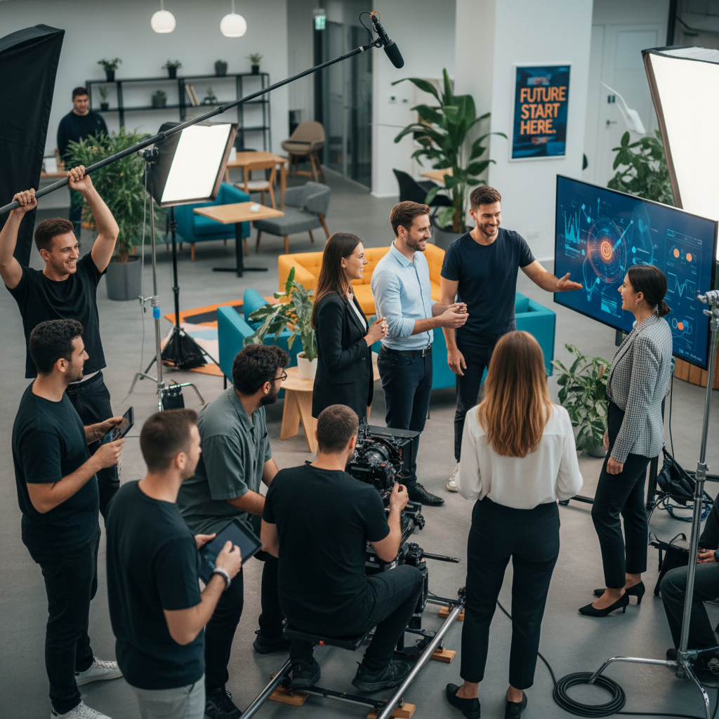 Ein Filmteam dreht in einem modernen Büro eine Szene, in der eine Gruppe von Geschäftsleuten vor einem Monitor mit Datenvisualisierungen diskutiert.