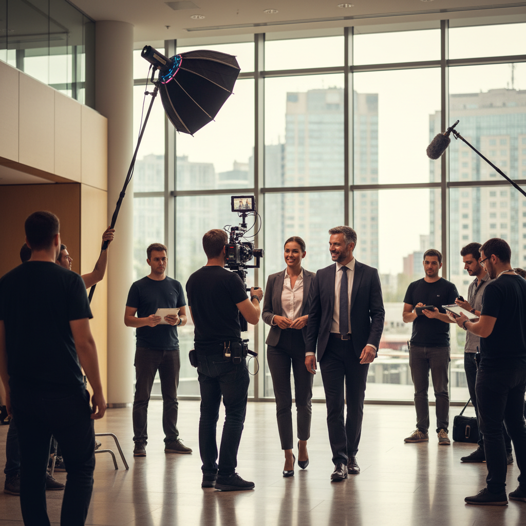 Ein Filmteam dreht in einem modernen Bürogebäude mit einem Geschäftsmann und einer Geschäftsfrau, die gemeinsam durch den Raum gehen.