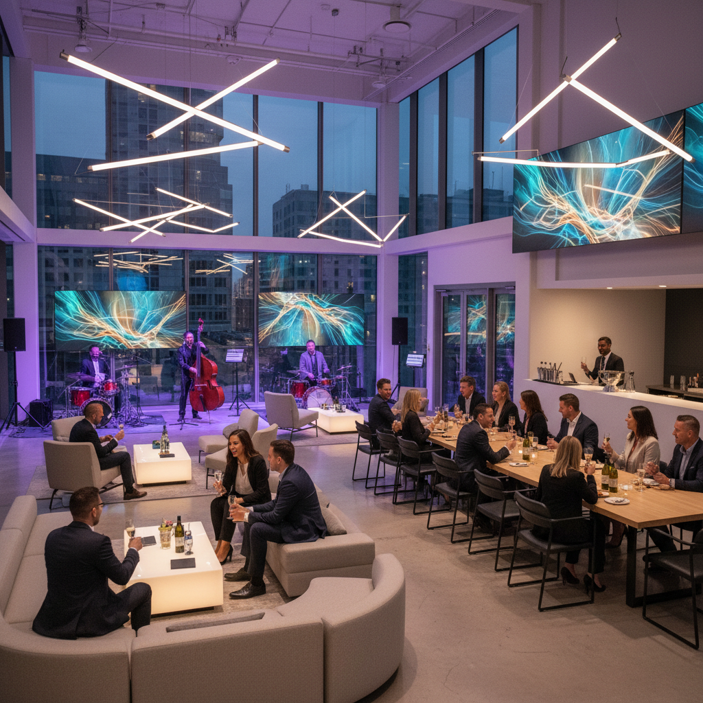 Geschäftspartner unterhalten sich in einer modernen Lounge mit Live-Musik und Blick auf die nächtliche Skyline.